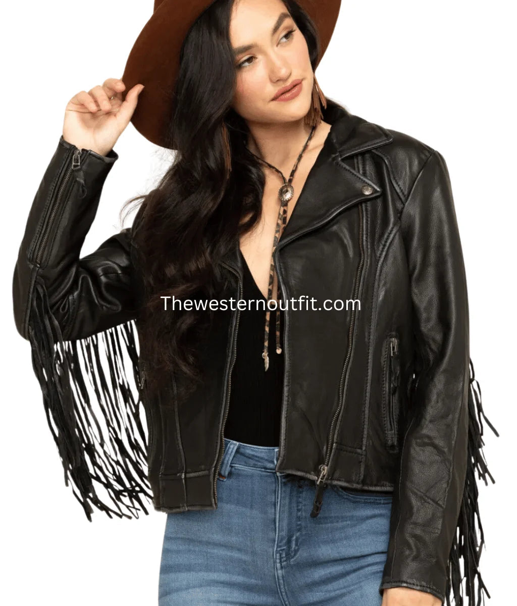 The Prastara Women Alison Black Fringe Leather Jacket