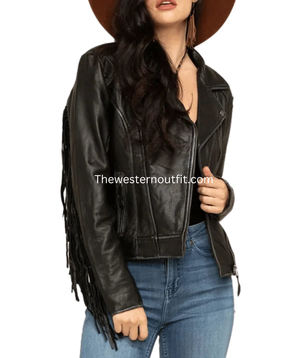 The Prastara Women Alison Black Fringe Leather Jacket
