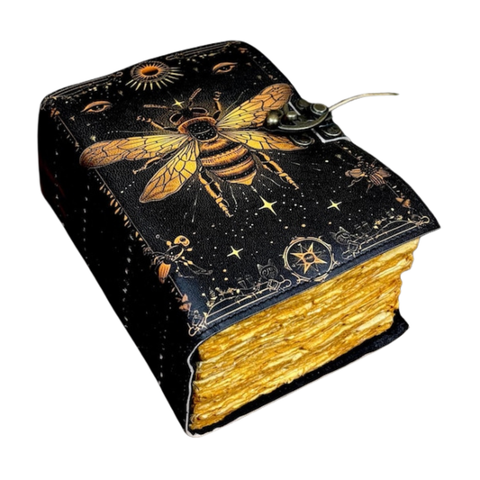 UV PRINT of 400 Page Mystical Bee Leather Journal | Vintage Celestial Notebook | Witchcraft Spell Book Diary | Unique Gift for Writers & Witches.