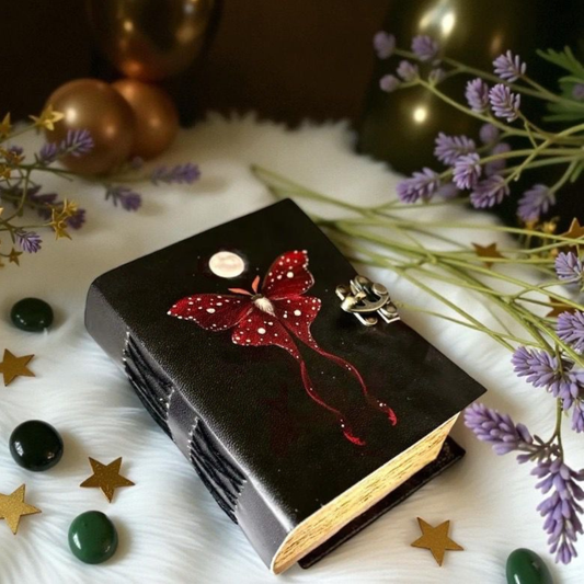 Mushroom moth Journal with Lock Clasp Vintage Handmade Leather Luna Moths and Morpho Butterfly Print Diary Prayer Pagan Witchcraft Supplies Wiccan Decor Notebook Daily (6x4) inch (Copy)