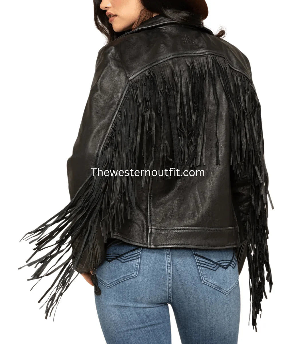 The Prastara Women Alison Black Fringe Leather Jacket