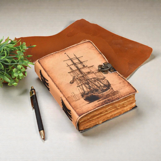 UV PRINT of Sailing Ship boat Journal Notebook Book of Shadows Genuine Leather Journal, Gift for Women and Men Handmade 200 Deckle Edge Paper