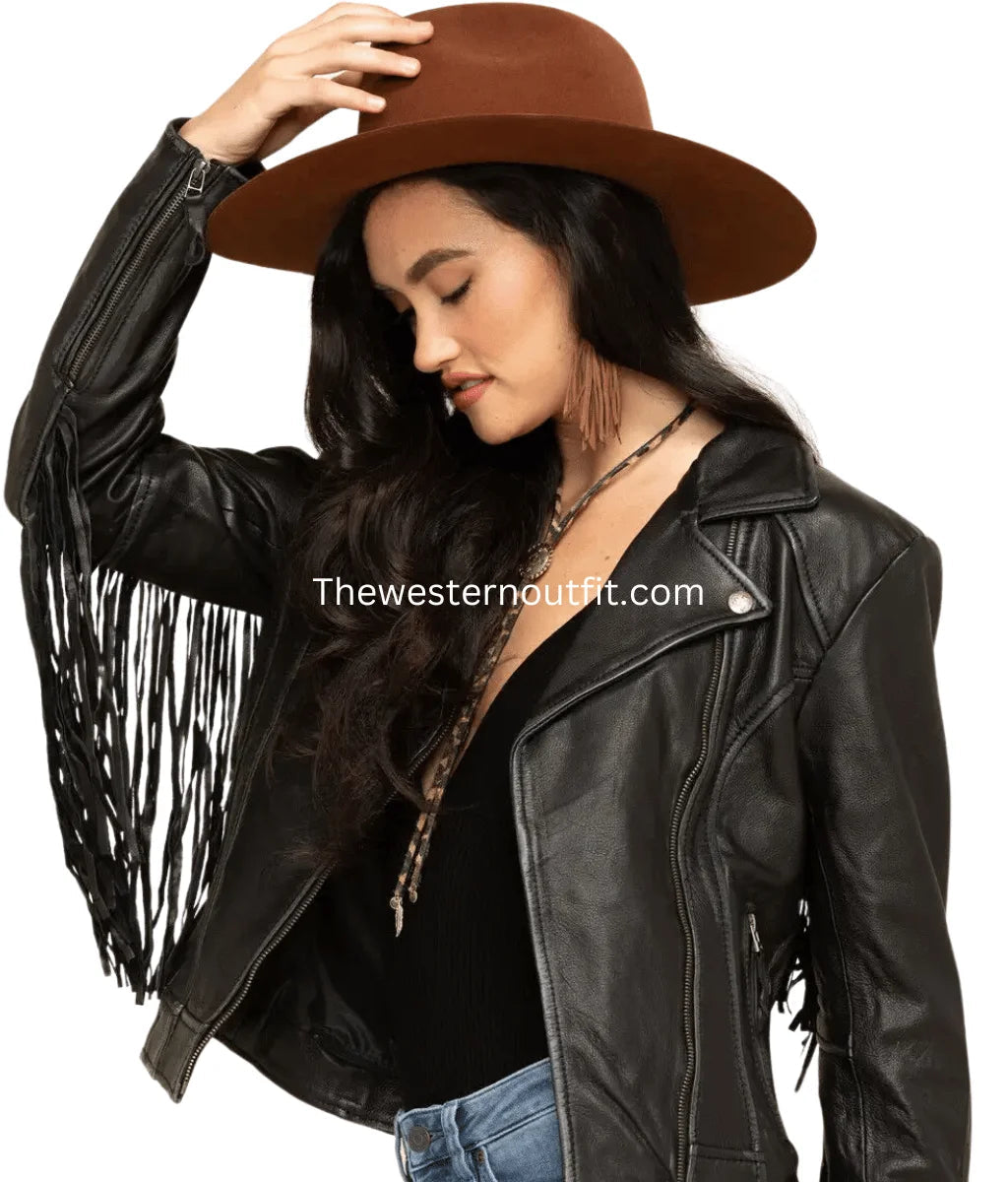 The Prastara Women Alison Black Fringe Leather Jacket