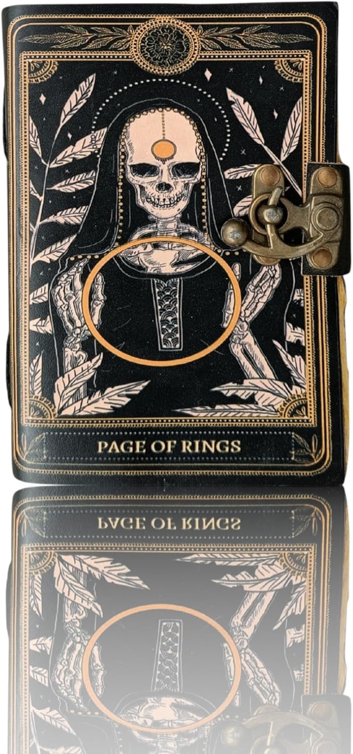 Book of Spell Leather Journal Halloween Decorations Decor, Grimoire Printed Diary Notebook Vintage Christmas Gift for Men & Women (Page of Rings)