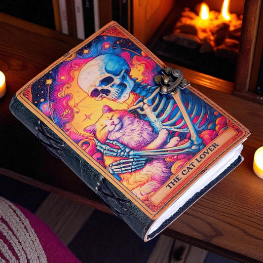 Mystical Cat Leather Journal with Lock: Witchy Spell Book - The Cat Lovers Genuine Leather Journal Witchcraft Supplies, Prayer Pagan, Wiccan Decor, Notebook Diary (5X7 Inch)