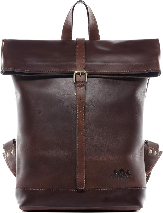 The Prastara SID & VAIN Rolltop Jay 15 Inch Premium Leather Backpack for Men Laptop Compartment