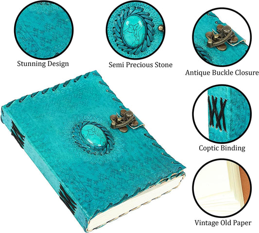 Leather Journal Large Writing Notebook Handmade Bound Vintage Journal For Women & Men with Lock/Semi-Precious Stone Gift For Art Sketchbook (7 x 5 Inches)