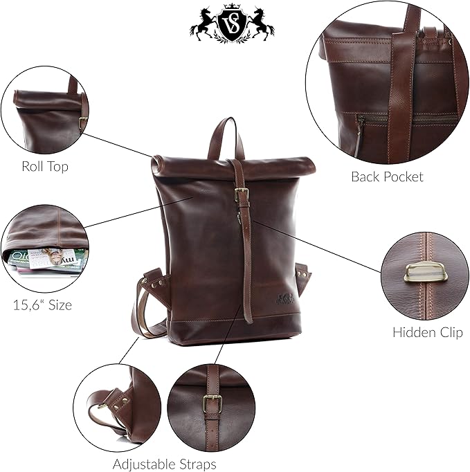 The Prastara SID & VAIN Rolltop Jay 15 Inch Premium Leather Backpack for Men Laptop Compartment