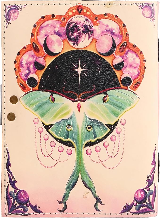 Book of Spells Leather Bound Journal Deckle Edge Paper Grimoire Printed Diary Third Eye witchcraft supply and Witch Spell Notebook Antique Vintage Book for Men and Women (Pink Luna Moth)