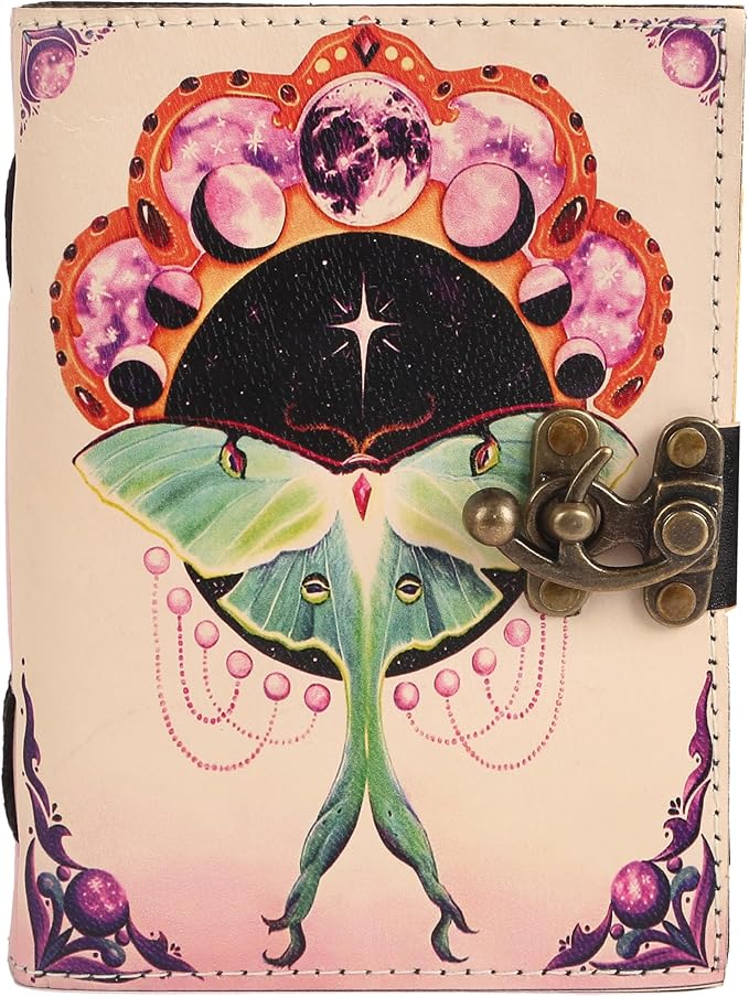 Book of Spells Leather Bound Journal Deckle Edge Paper Grimoire Printed Diary Third Eye witchcraft supply and Witch Spell Notebook Antique Vintage Book for Men and Women (Pink Luna Moth)
