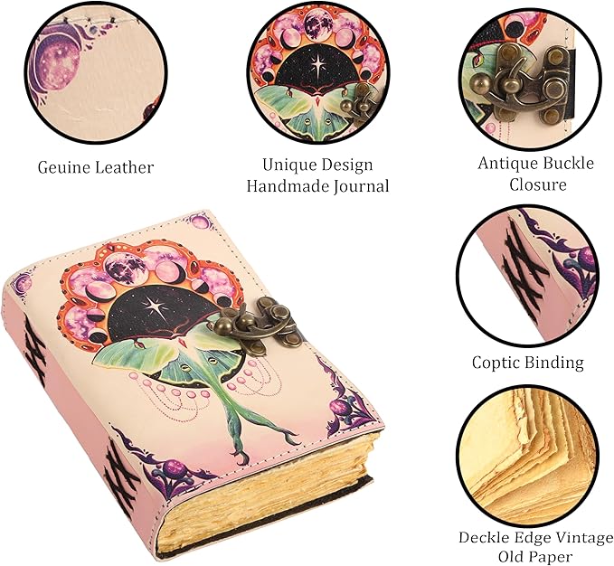 Book of Spells Leather Bound Journal Deckle Edge Paper Grimoire Printed Diary Third Eye witchcraft supply and Witch Spell Notebook Antique Vintage Book for Men and Women (Pink Luna Moth)