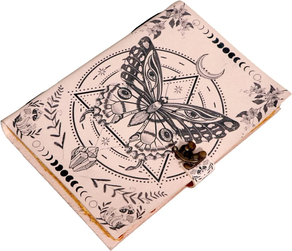 Prastara - Metal Lock Luna Moth Butterfly UV Printed Design 7X5" Handcrafted Leather Journal/Diary 200 Pages | 100% Genuine Leather