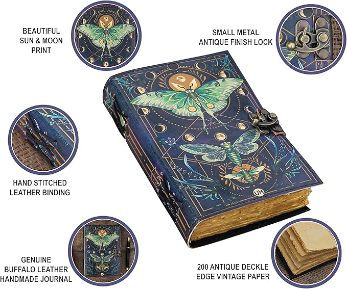 Blank Spell Book of Shadows Journal with Lock Clasp Vintage Handmade Leather Luna Moths and Morpho Butterfly Print Diary Prayer Pagan Witchcraft Supplies Wiccan Decor Notebook Daily (6x4) inch