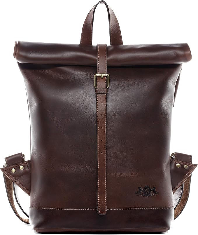 The Prastara SID & VAIN Rolltop Jay 15 Inch Premium Leather Backpack for Men Laptop Compartment