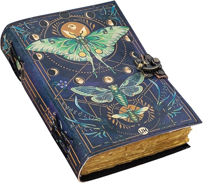 Blank Spell Book of Shadows Journal with Lock Clasp Vintage Handmade Leather Luna Moths and Morpho Butterfly Print Diary Prayer Pagan Witchcraft Supplies Wiccan Decor Notebook Daily (6x4) inch