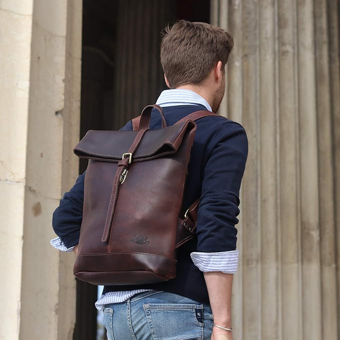 The Prastara SID & VAIN Rolltop Jay 15 Inch Premium Leather Backpack for Men Laptop Compartment