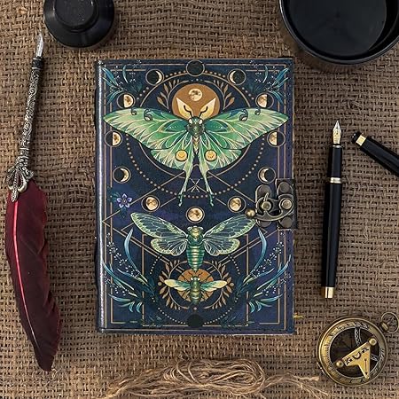 Blank Spell Book of Shadows Journal with Lock Clasp Vintage Handmade Leather Luna Moths and Morpho Butterfly Print Diary Prayer Pagan Witchcraft Supplies Wiccan Decor Notebook Daily (6x4) inch