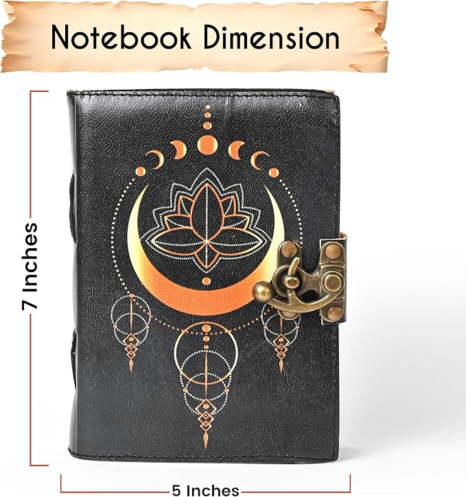 Blank Spell Book of Shadows Leather Journal with Vintage Clasp Lock – Crescent Moon Diary with 200 Page Antique Deckle Edge Paper – Wiccan Prayer Journal, Aesthetic Gift for Men & Women