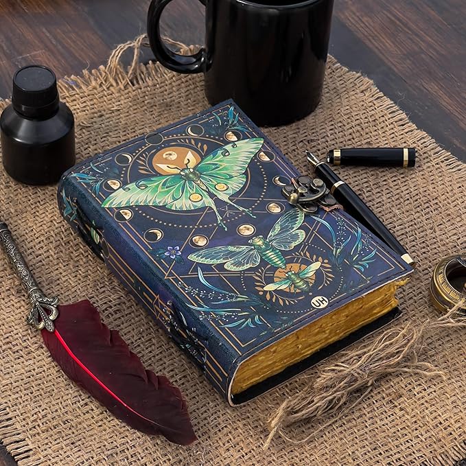 Blank Spell Book of Shadows Journal with Lock Clasp Vintage Handmade Leather Luna Moths and Morpho Butterfly Print Diary Prayer Pagan Witchcraft Supplies Wiccan Decor Notebook Daily (6x4) inch