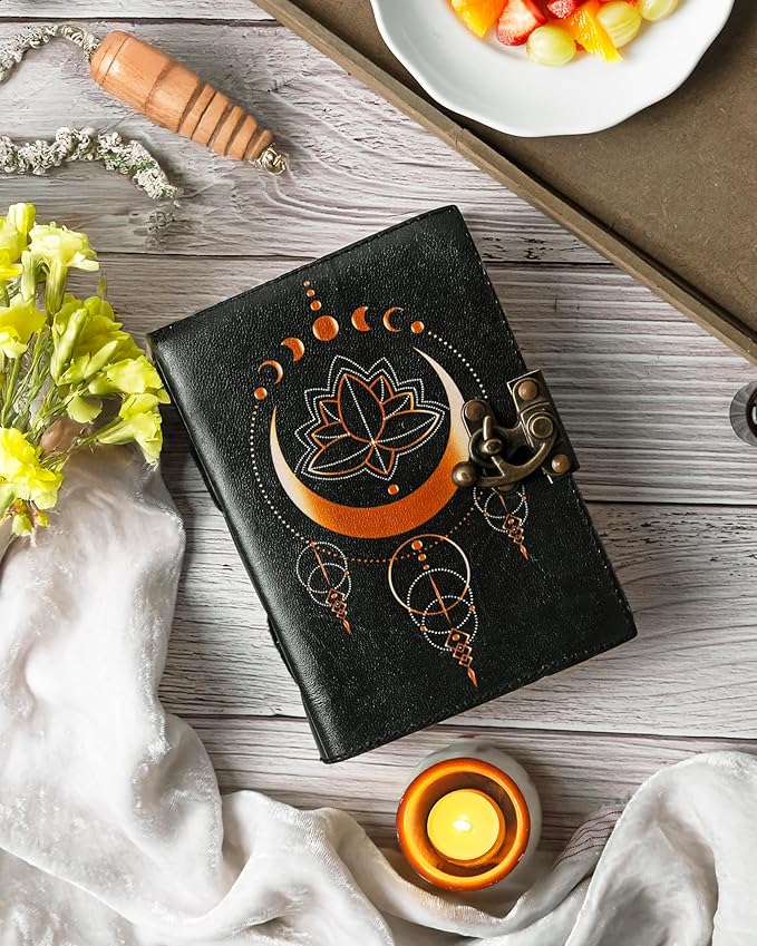 Blank Spell Book of Shadows Leather Journal with Vintage Clasp Lock – Crescent Moon Diary with 200 Page Antique Deckle Edge Paper – Wiccan Prayer Journal, Aesthetic Gift for Men & Women