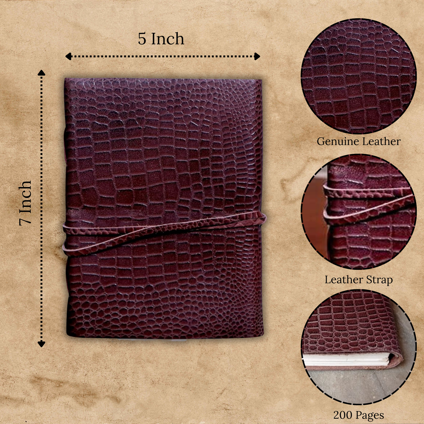 Vintage Leather Journal – 200 Handmade Vintage Deckle Edge Paper – Leather bound Journal For Women Men – Vintage Key Closure - Book of Shadows - Cappuccino Brown - 7X5
