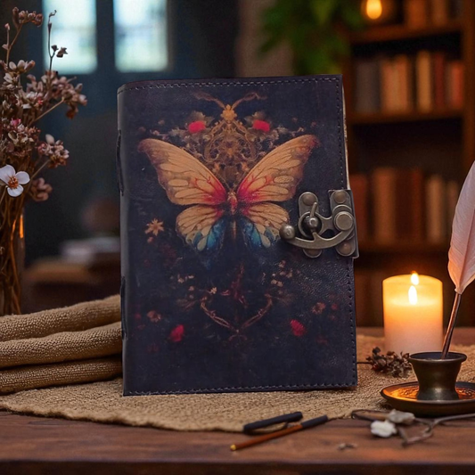 Prastara - Metal Lock Beautiful Butterfly UV Printed Design 7X5" Handcrafted Leather Journal-200 Pages