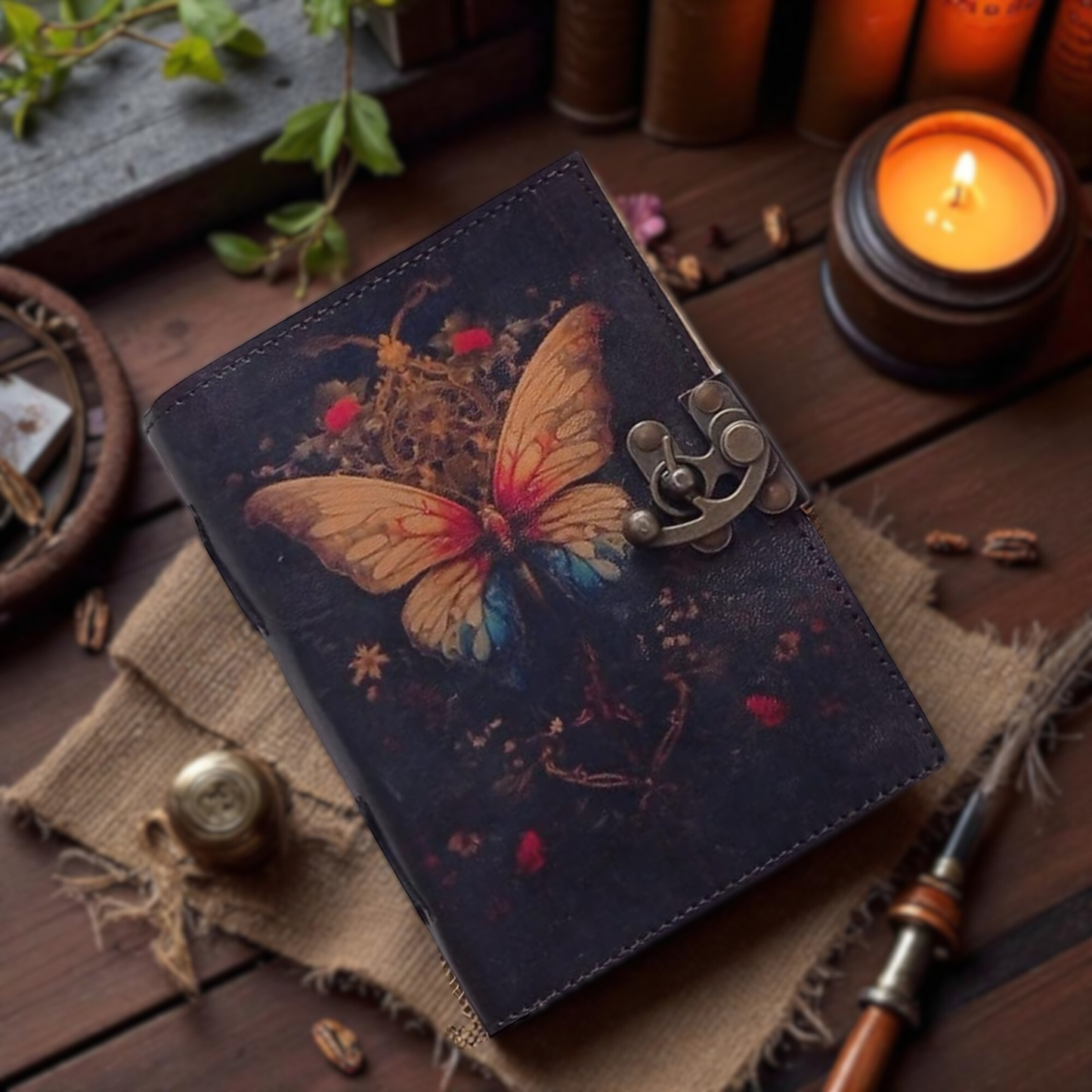 Prastara - Metal Lock Beautiful Butterfly UV Printed Design 7X5" Handcrafted Leather Journal/Diary 200 Pages | 100% Genuine Leather