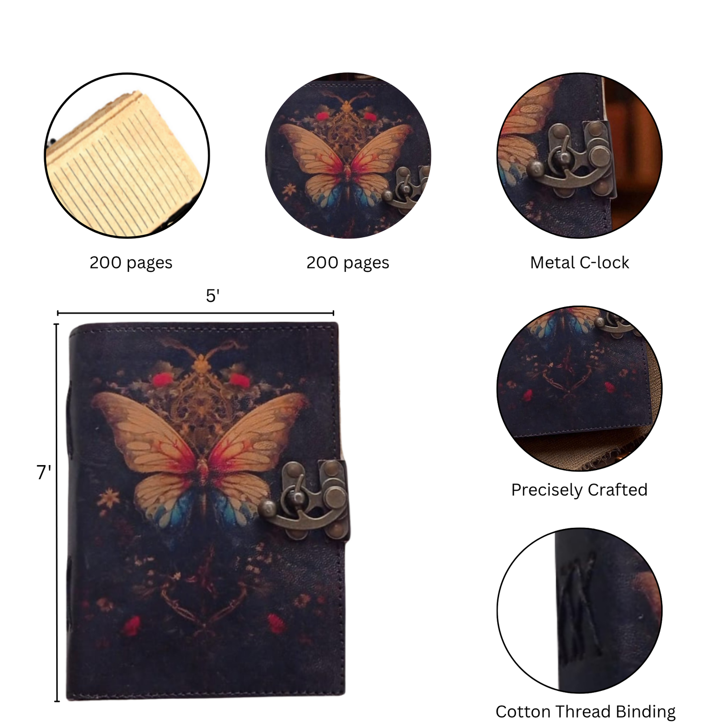 Prastara - Metal Lock Beautiful Butterfly UV Printed Design 7X5" Handcrafted Leather Journal/Diary 200 Pages | 100% Genuine Leather
