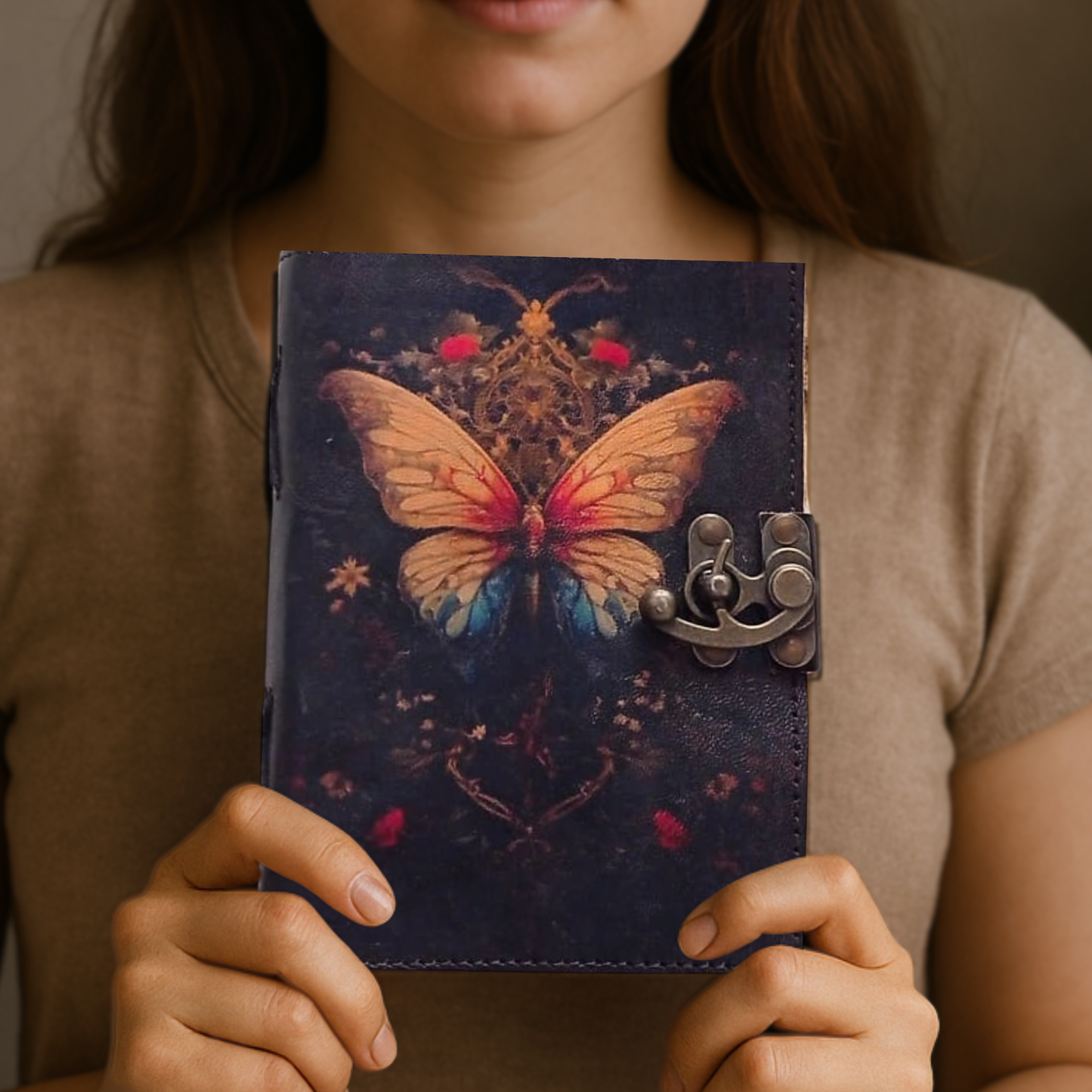 Prastara - Metal Lock Beautiful Butterfly UV Printed Design 7X5" Handcrafted Leather Journal/Diary 200 Pages | 100% Genuine Leather