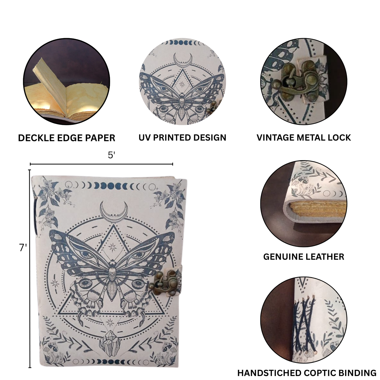 Prastara - Metal Lock Luna Moth Butterfly UV Printed Design 7X5" Handcrafted Leather Journal/Diary 200 Pages | 100% Genuine Leather