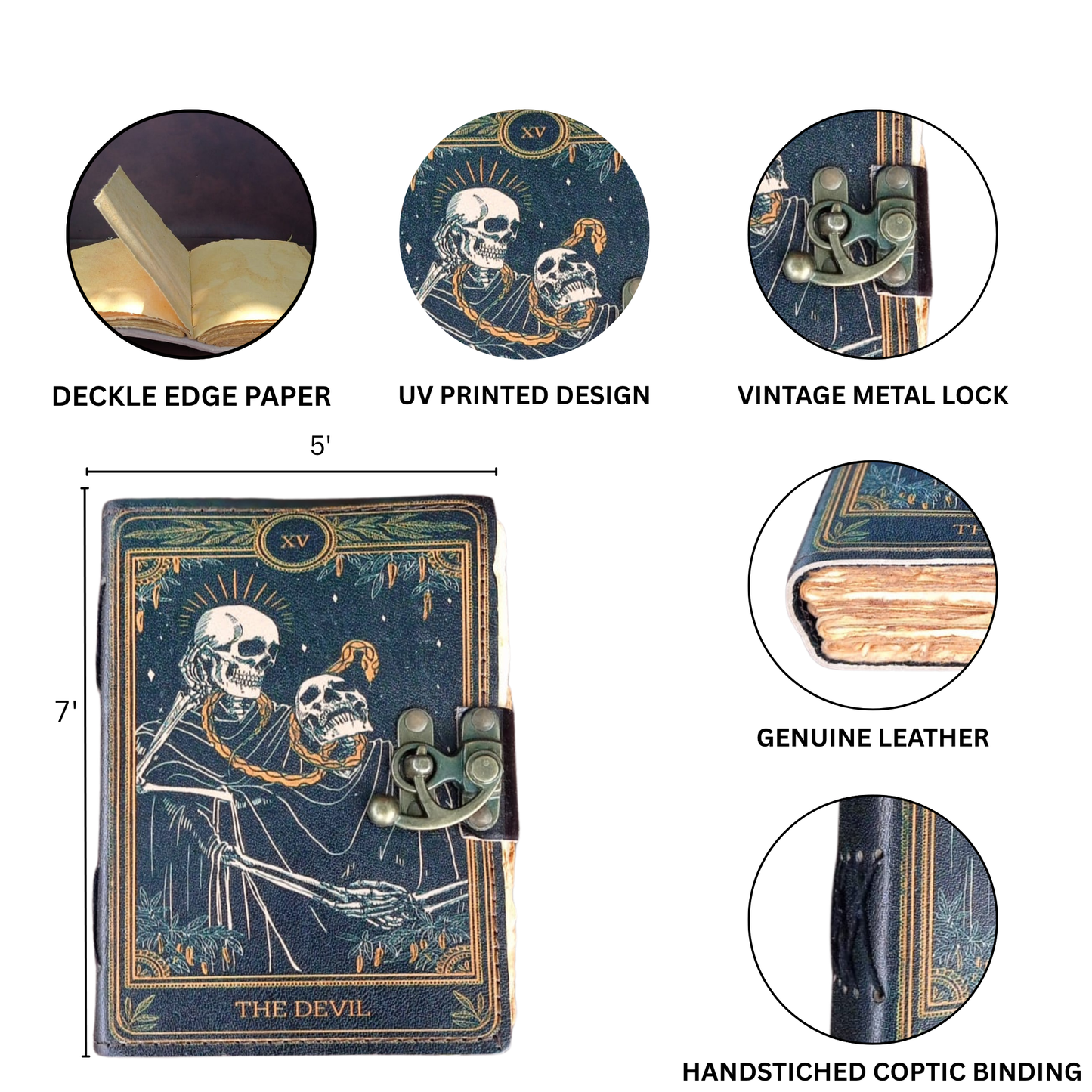 Book of Spells Leather Bound Journal Grimoire Printed Diary Devil Notebook Spiral Gothic Notebook for Men and Women (The Devil)