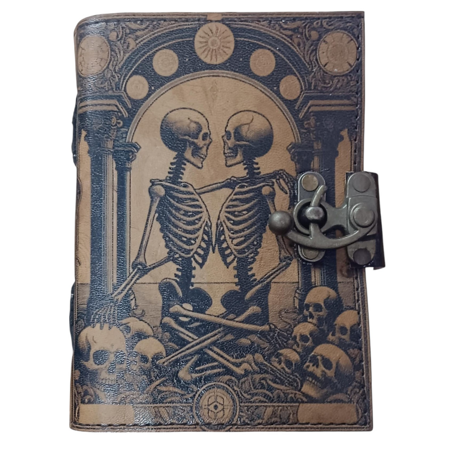 Book of Spells Leather Journal Deckle Edge Paper Grimoire Printed Journal The Lovers Tarot Notebook Spiral Gothic Notebook Skull lover Antique Vintage Leather Journals for Men and Women