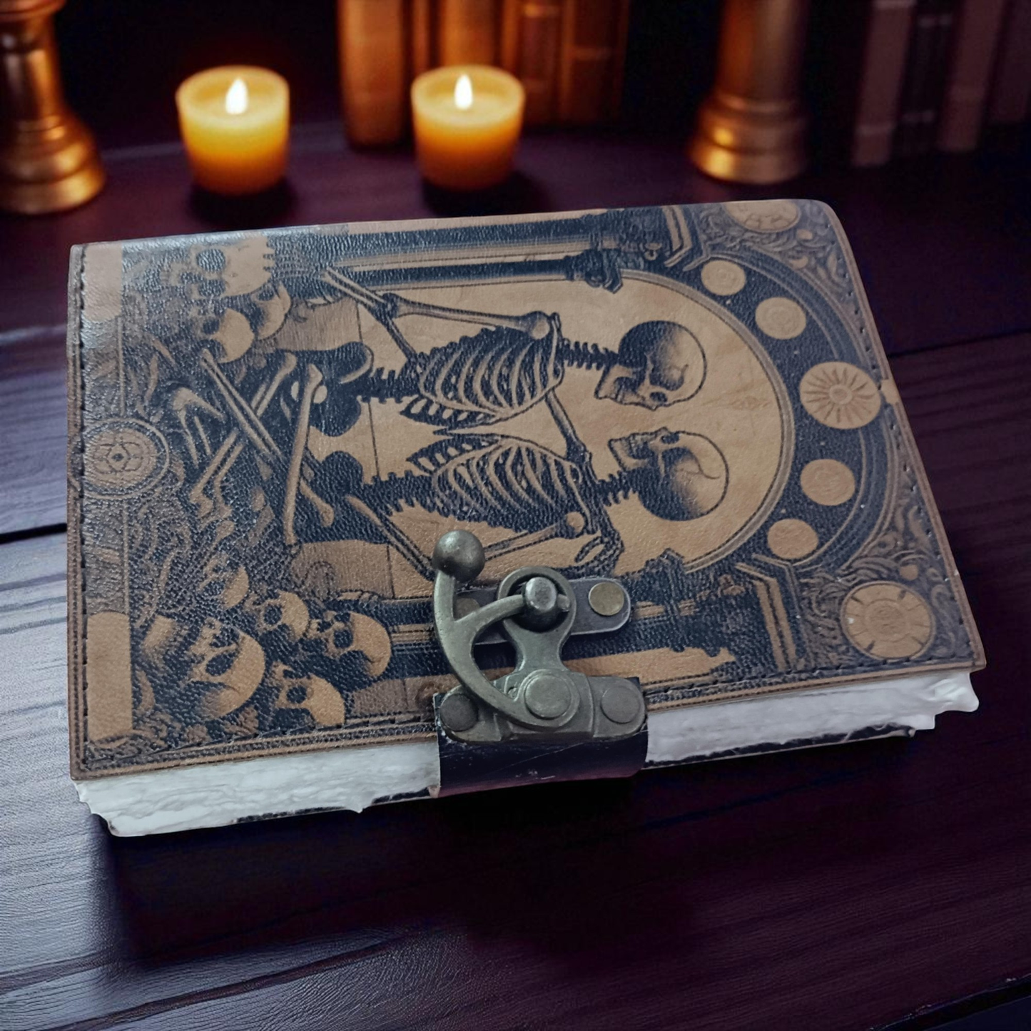 Book of Spells Leather Journal Deckle Edge Paper Grimoire Printed Journal The Lovers Tarot Notebook Spiral Gothic Notebook Skull lover Antique Vintage Leather Journals for Men and Women