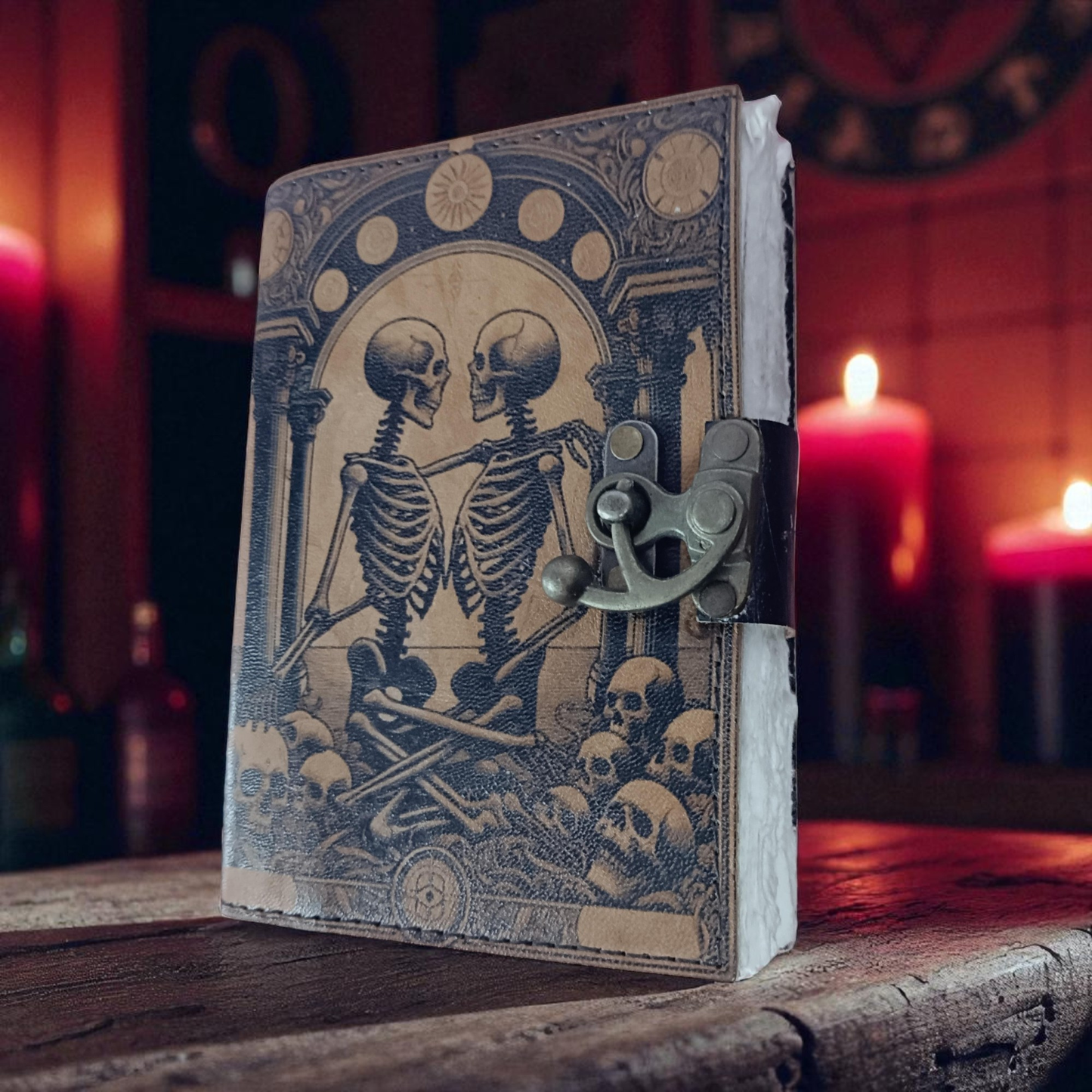 Book of Spells Leather Journal Deckle Edge Paper Grimoire Printed Journal The Lovers Tarot Notebook Spiral Gothic Notebook Skull lover Antique Vintage Leather Journals for Men and Women