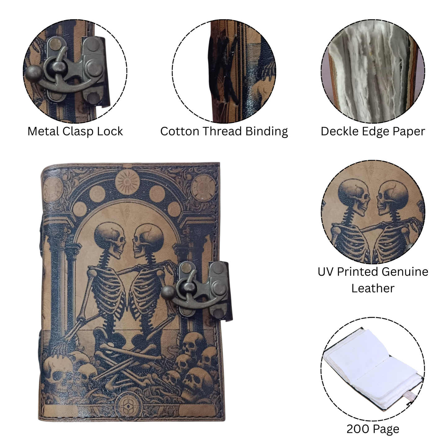 Book of Spells Leather Journal Deckle Edge Paper Grimoire Printed Journal The Lovers Tarot Notebook Spiral Gothic Notebook Skull lover Antique Vintage Leather Journals for Men and Women