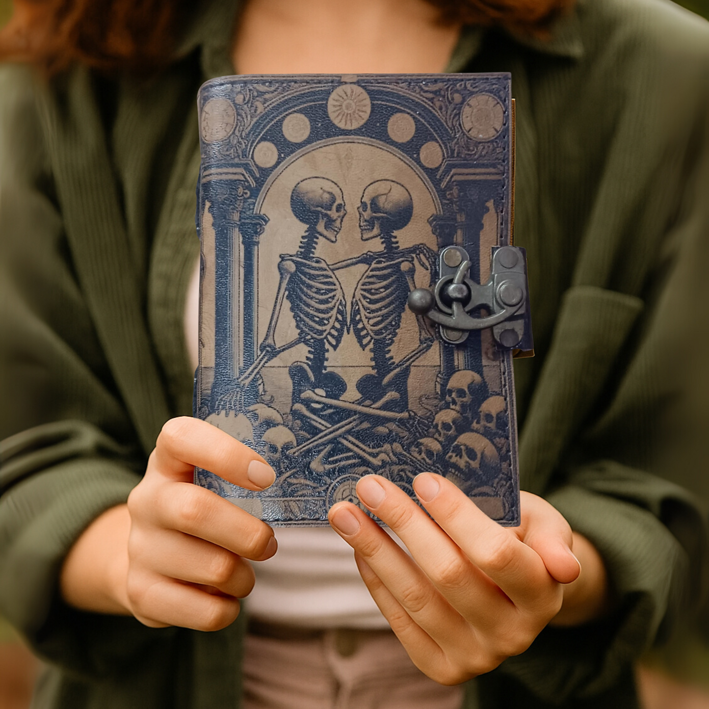 Book of Spells Leather Journal Deckle Edge Paper Grimoire Printed Journal The Lovers Tarot Notebook Spiral Gothic Notebook Skull lover Antique Vintage Leather Journals for Men and Women