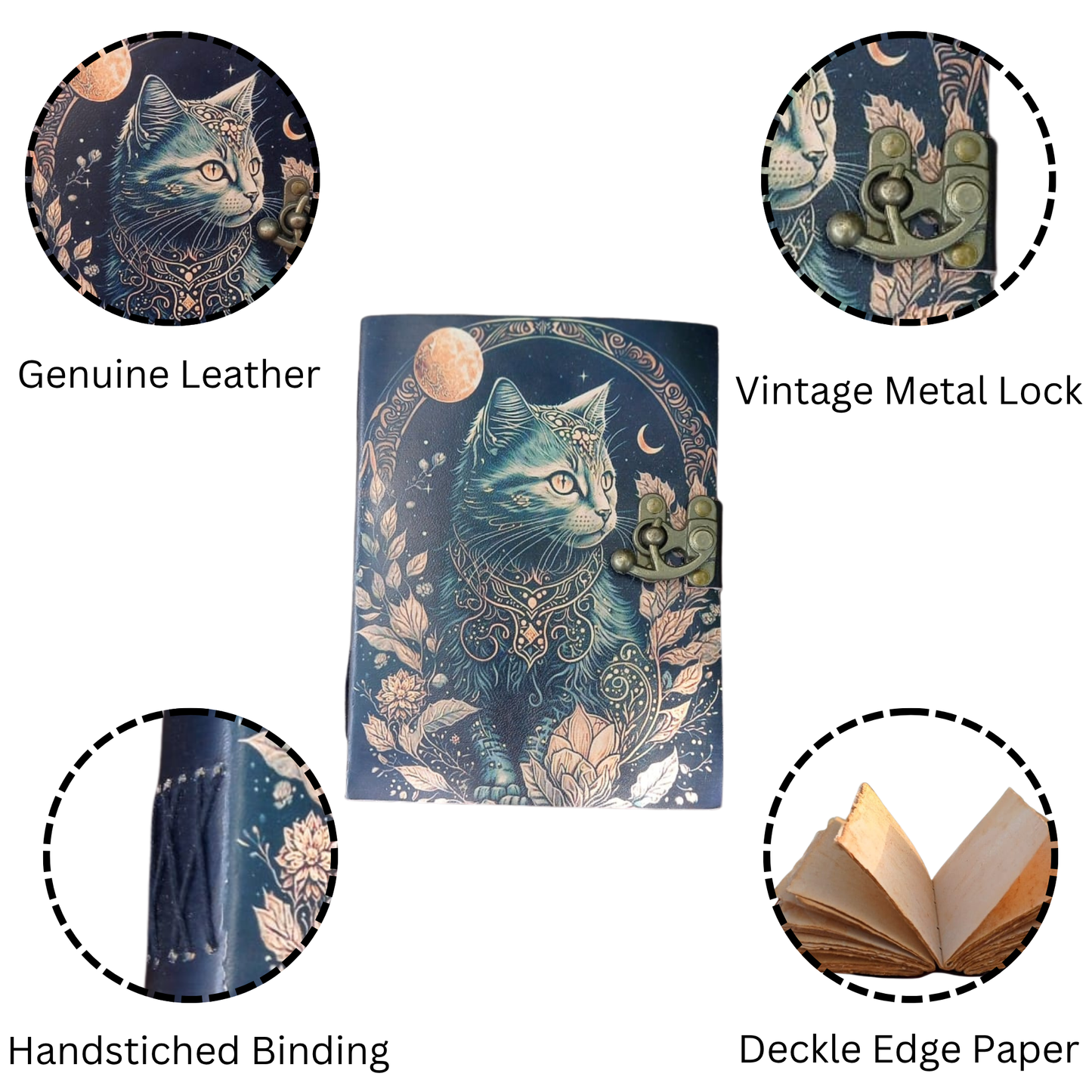 Handicraft Cat Printed Vintage Leather Journal for Men & Women 200 Pages of Antique Handmade Deckle Edge Vintage Paper, Leather Sketchbook, Drawing Journal, Printed Leather Journal, Great Gift
