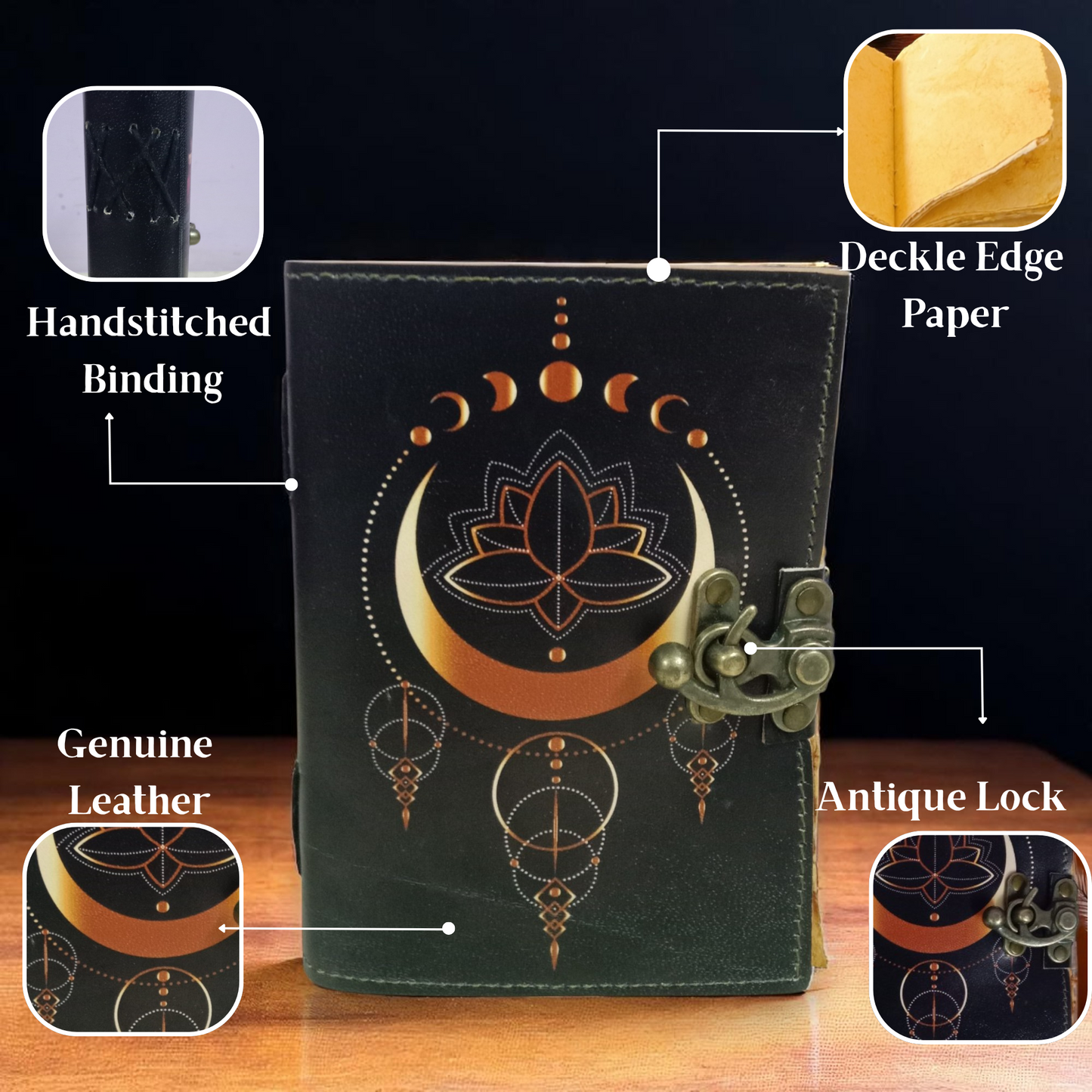 Blank Spell Book of Shadows Leather Journal with Vintage Clasp Lock – Crescent Moon Diary with 200 Page Antique Deckle Edge Paper – Wiccan Prayer Journal, Aesthetic Gift for Men & Women