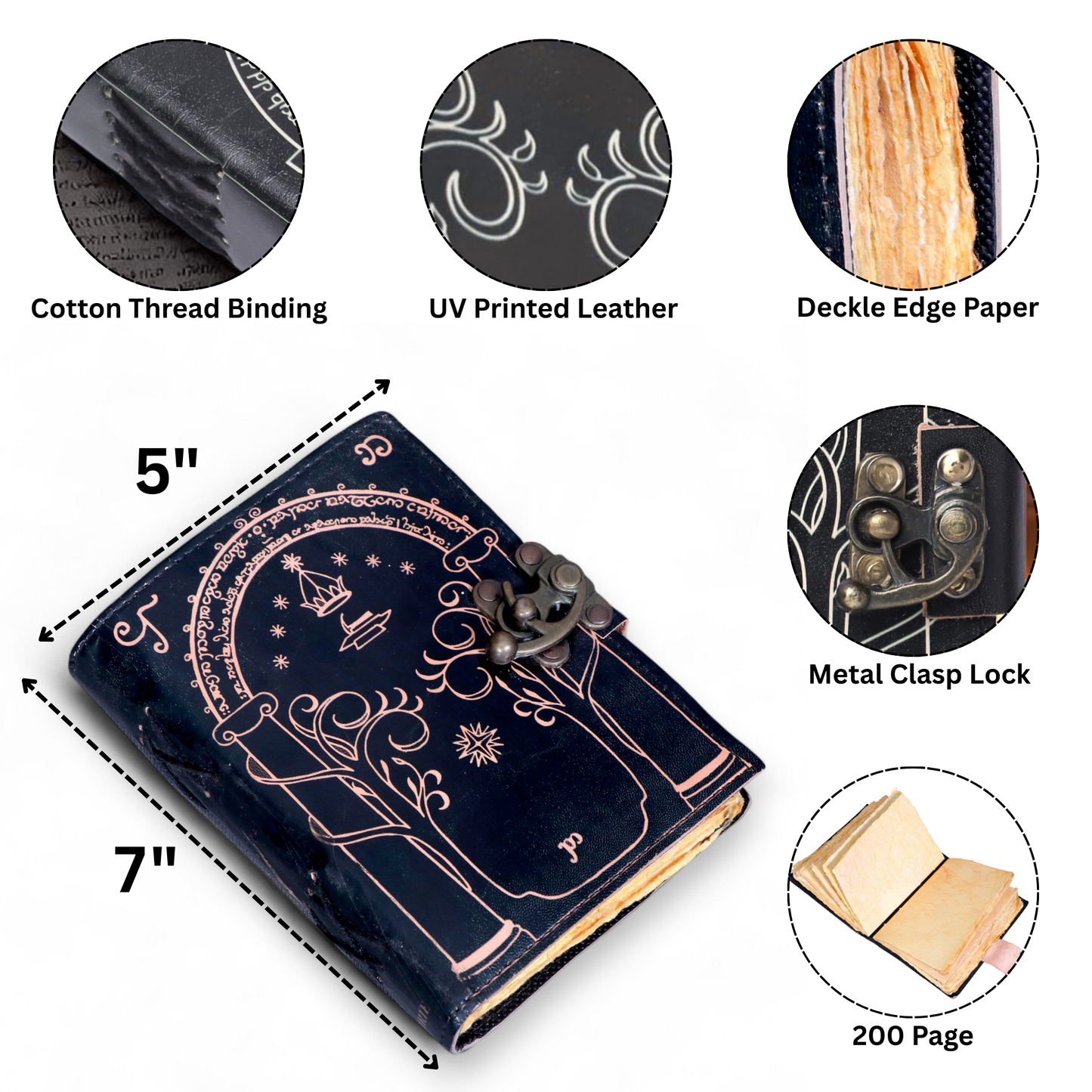 Genuine Leather Lord of the Rings Journal – Doors of Durin Design | Handmade Vintage Leather Diary with Lock | Tolkien Inspired Notebook for Writing, Sketching & Travel | Gift for Men & Women