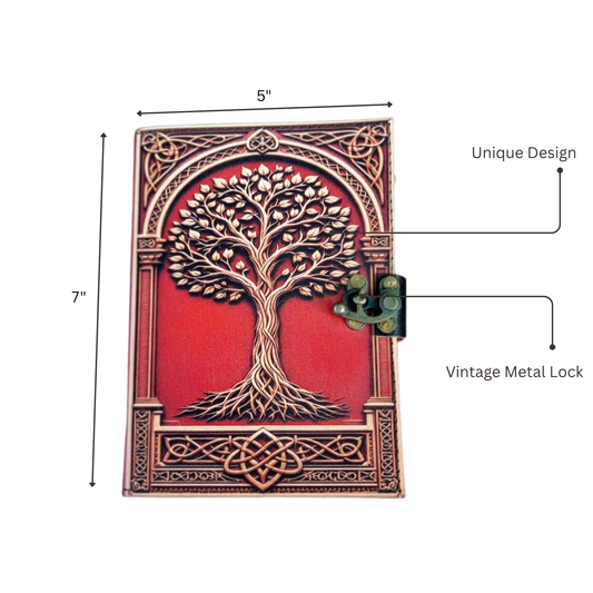 Tree of Life, Book of Shadows with Vintage Clasp Lock – 200 Page Antique Deckle Edge Leather Bound Notebook – Notebook Journal Gift for Men & Women