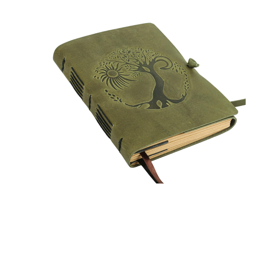 Leather Journal for women and men embossed 8 x 6 inch Handmade Lined craft paper tree of life sun and moon notebook writing notepad book of shadows journal (Green)