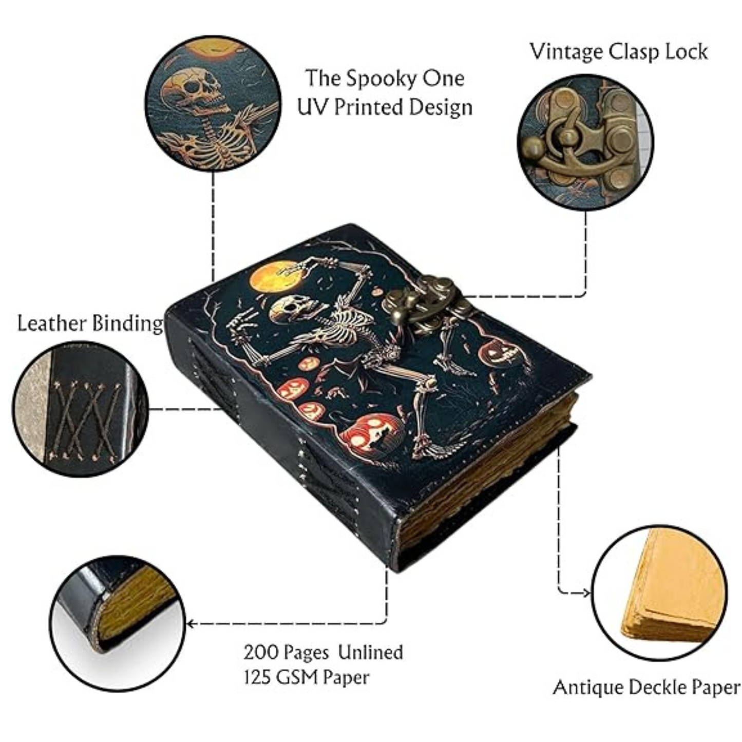 Book of Spell Leather Journal Halloween Decorations Decor, Grimoire Printed Diary Christmas Gift for Men & Women (The Spooky One)