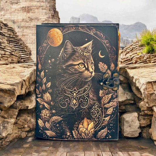 Handicraft Cat Printed Vintage Leather Journal for Men & Women 200 Pages of Antique Handmade Deckle Edge Vintage Paper, Leather Sketchbook, Drawing Journal, Printed Leather Journal, Great Gift