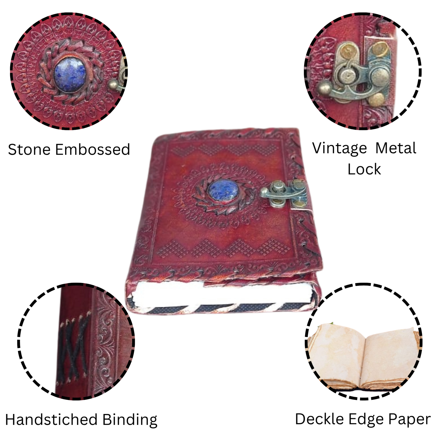 Leather Journal Large Writing Notebook Handmade Bound Vintage Journal For Women & Men with Lock/Semi-Precious Stone Gift For Art Sketchbook (7 x 5 Inches)