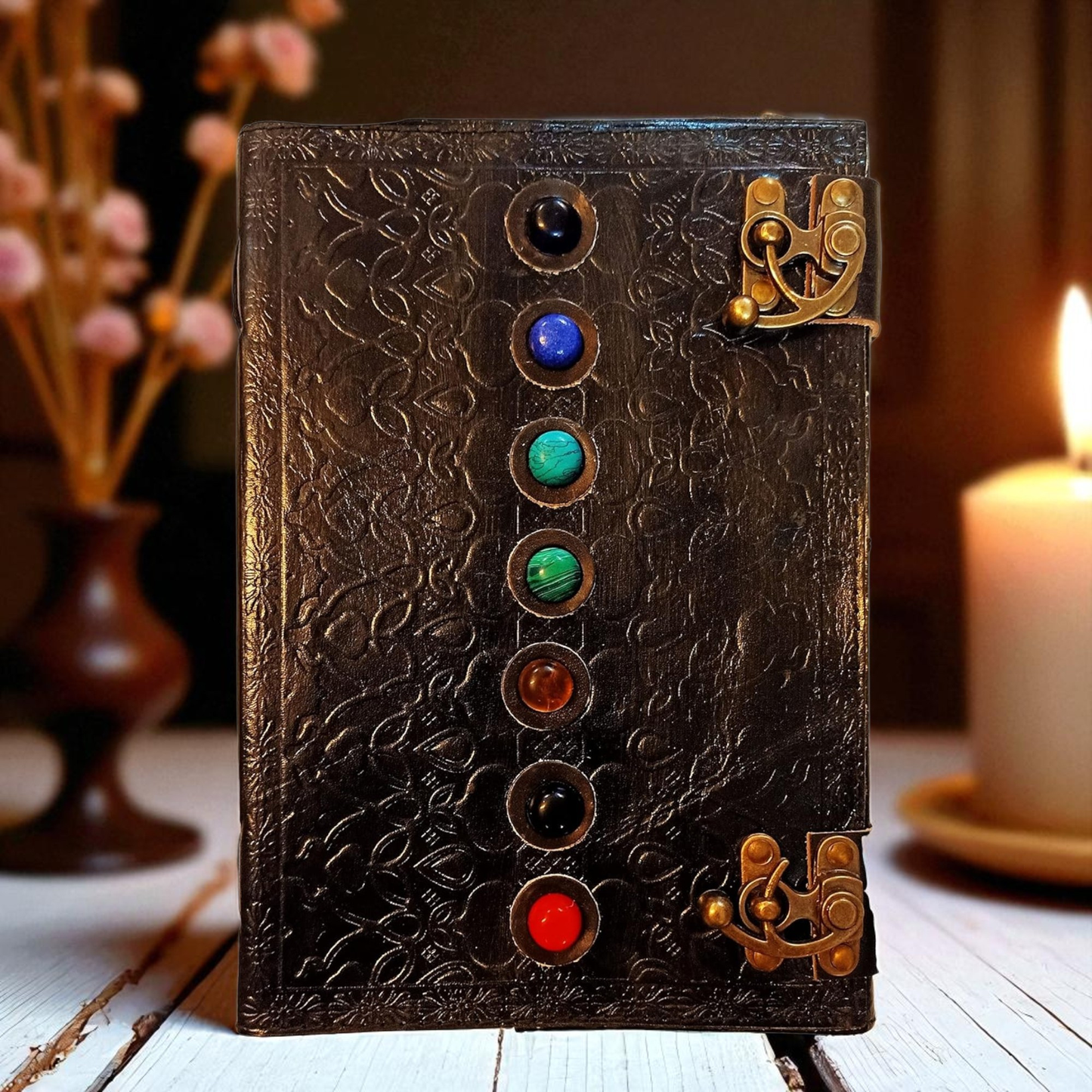 Leather Book of Shadows Journal, Supernatural Notebook with Chakra Gem Stones Healing Crystals