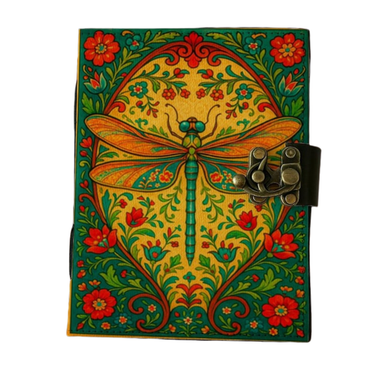 UV PRINT of 400 Page Large Dragonfly Leather Journal with Lock Handmade Vintage Writing Notebook Floral Diary, Sketchbook, Gift for Writers & Artists