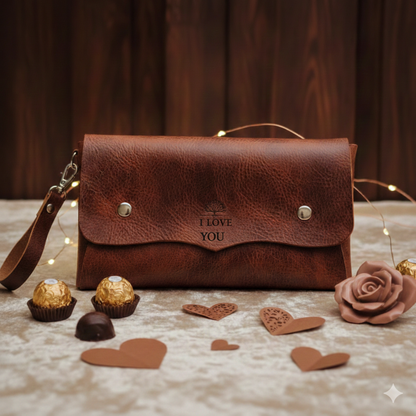 Personalized Leather Wrist Bag for Her – Custom Engraved Clutch Purse, Valentine’s Day Gift for Girlfriend, Wife, or Mom