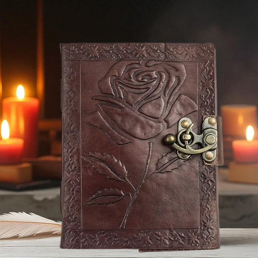 Handmade Leather Bound Journal Vintage Writing Notebook For Women and Men with Lock & Engraved Rose