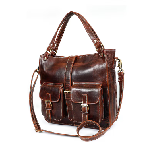 Premium Genuine Leather Shoulder Tote Bag for Women – Vintage Crossbody Handbag with Front Pockets | Everyday Work & Travel Bag