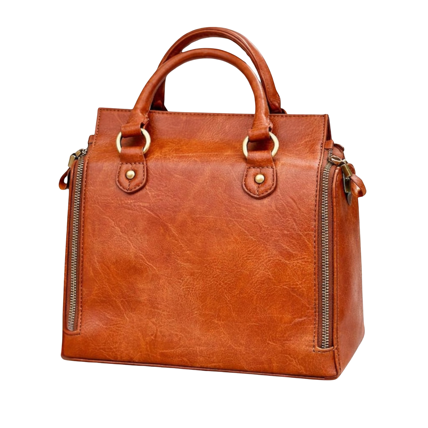 Vintage Brown Leather Handbag for Women – Elegant Structured Satchel with Dual Zippers & Top Handles